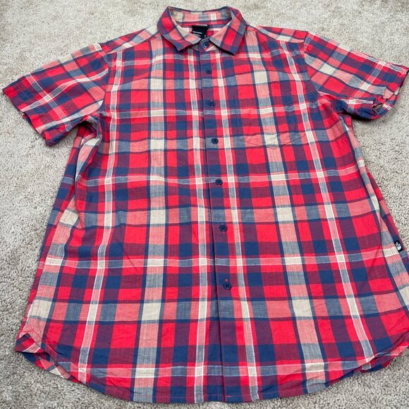 The North Face Shirt Men M Red Blue Beige Button Up Hiking Cotton Outdoor Casua - Picture 2 of 6